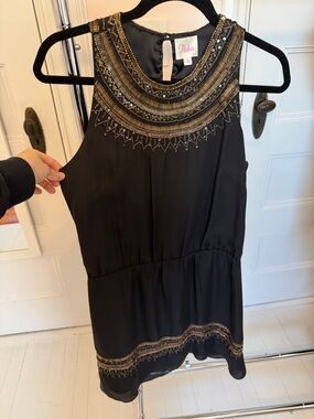 Parker Black Sleeveless Cocktail Dress  Gold Beaded Yoke and hem